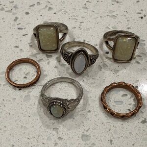 6 piece Vintage Style Ring Set, Silver and Copper Tone with Opalescent Stones